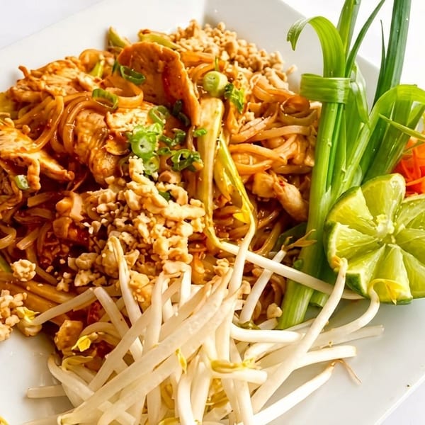 Pad Thai noodles with chicken, crushed peanuts, bean sprouts, lime wedges, scallions, and shredded carrots on a white plate.