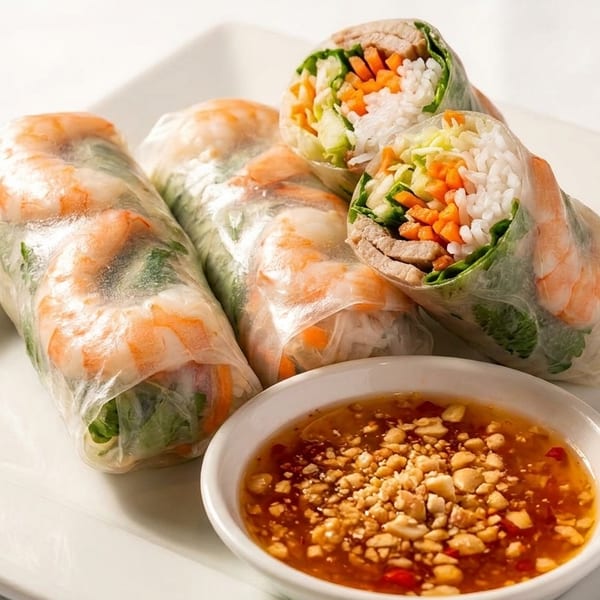 Vietnamese fresh spring rolls with shrimp, vegetables, rice noodles, and peanut dipping sauce on a white plate.