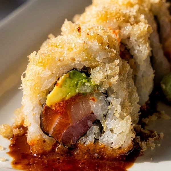 Crispy tempura sushi roll filled with salmon, tuna, avocado, and roe, served with soy sauce, wasabi, and pickled ginger.