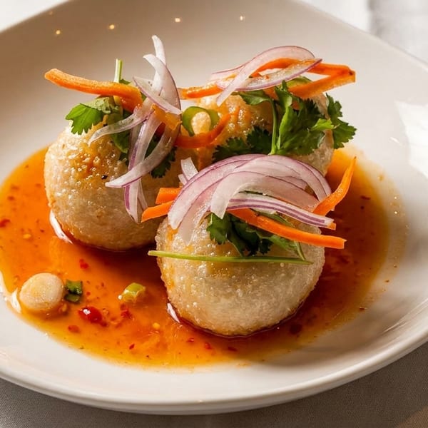 Two crispy stuffed dumplings topped with cilantro, red onion, carrots, and chilies in sweet chili sauce on a white plate.