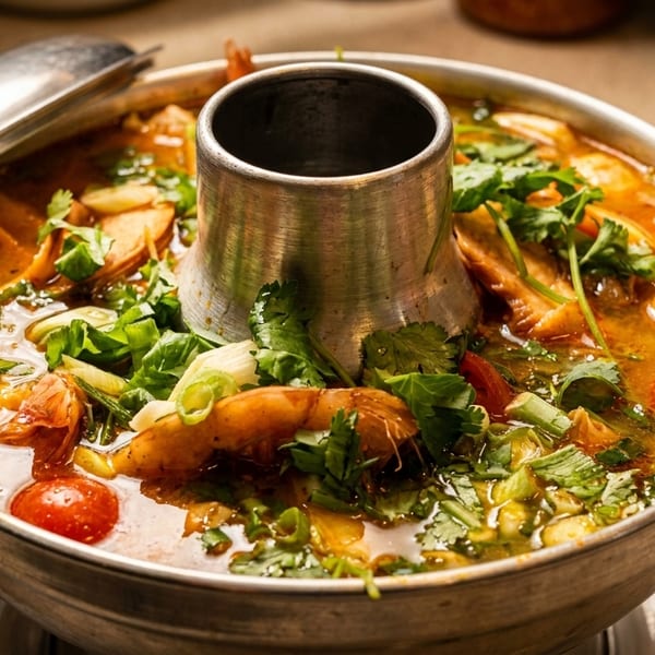 Thai-style hot pot filled with shrimp, mushrooms, tomatoes, herbs, and spicy orange broth.
