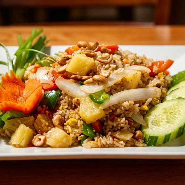 Plate of vegetable fried rice with pineapple, cashews, onions, peppers, carved carrot garnish, and cucumber slices on a wooden table.